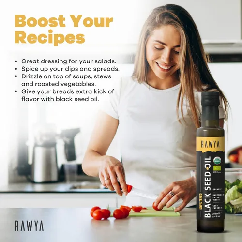 Miniatura 5 de RAWYA Aceite de semilla negra, sin filtrar, espectro completo, 8.4 onzas líquidas, orgánico prensado en frío, Nigella Sativa - USDA Organic
