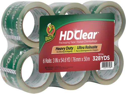 Duck HD Clear – 6 rollos extra anchos, 328 yardas. Cinta de embalaje resistente para envíos/correo/mudanza/almacenamiento. Repuestos transparentes y