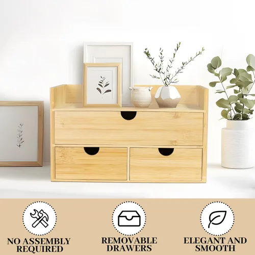 Miniatura 6 de Organizador de escritorio de bambú, organizador de escritorio con 3 cajones, caja de organización de almacenamiento de mesa para facturas, encimera