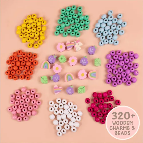 Miniatura 3 de Story Magic Juego de cuentas de flores de madera, más de 300 cuentas de madera de agujero grande y dijes para pulseras de cuentas, kit