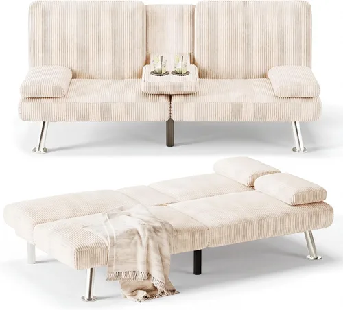 Flamaker Sofá cama plegable de pana, sofá cama ajustable para apartamentos pequeños, juego de muebles tapizados de sala de estar con 2 portavasos,