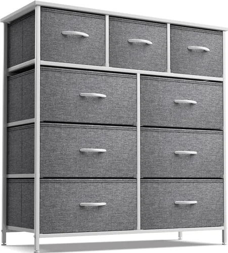 Miniatura 10 de Sorbus Cómoda de dormitorio con 9 cajones, organizador de armario con marco de acero, parte superior de madera y cajones de tela fáciles de tirar