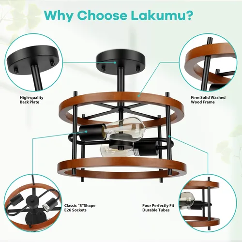 Miniatura 4 de Lakumu Lámpara de techo retro semi empotrada de 2 luces, de madera rústica vintage y metal negro industrial para pasillo, entrada, dormitorio, Cereza