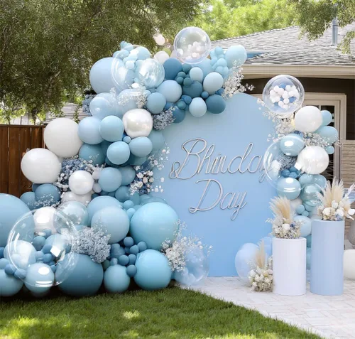 Miniatura 6 de Guirnalda de globos azul empolvado y blancos, kit de arco de globos Bobo de perlas azul claro con doble relleno para cumpleaños, baby shower, boda