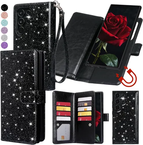 Varikke Funda tipo cartera para Galaxy S22 Ultra desmontable con tarjetero para mujer, correa de piel sintética con purpurina, cartera magnética con