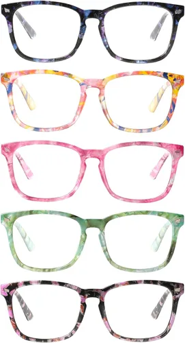 Miniatura 8 de Henotin - Juego de 4 gafas de lectura con bloqueo de luz azul para mujeres y hombres, con bisagra de resorte para computadora, anti rayos UV, Mezcla