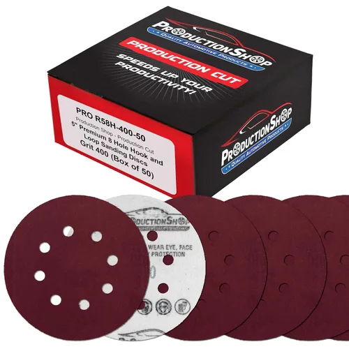 Miniatura 14 de ProductionShop Discos de lijado de grano 40 con patrón rojo de 8 agujeros de 5 pulgadas, caja de 30, papel de lija sin polvo con respaldo de gancho