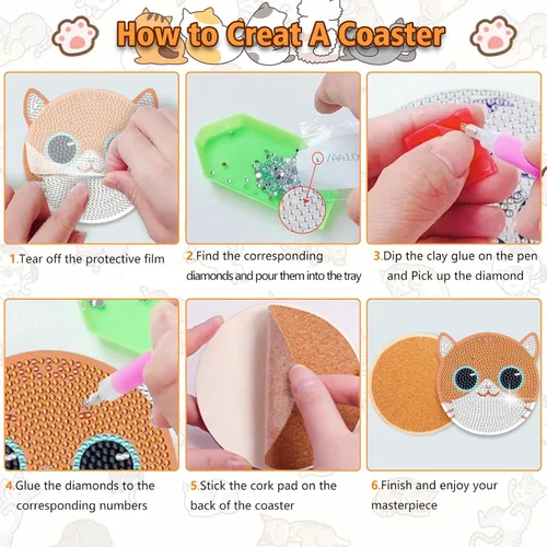 Miniatura 7 de FOWSEEK Posavasos de Pintura de Diamantes, 8 PCS Posavasos de Arte de Diamante de Gato con Soporte, Lindos Kits de Pintura de Diamantes para Adultos