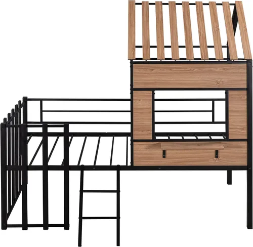 Miniatura 7 de Harper & Bright Designs Cama tipo loft con techo y escalera integrada, cama alta de metal tamaño individual con ventana y valla de seguridad