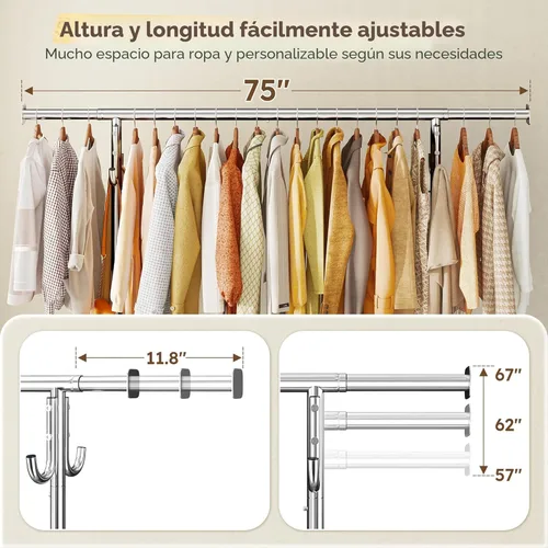Miniatura 3 de Raybee Perchero resistente de 75 pulgadas extra ancho, 450 libras con 4 ganchos, ruedas bloqueables, perchero de metal para dormitorio, lavandería