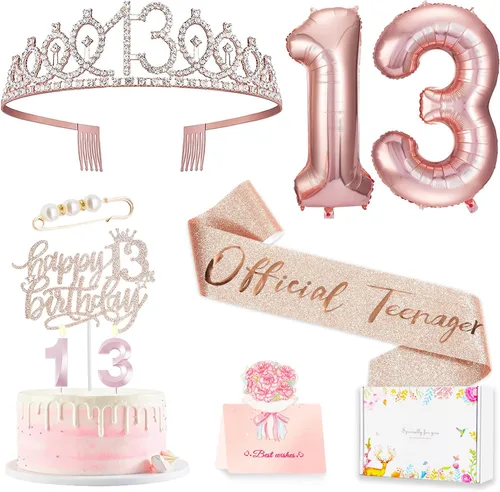 Decoraciones de cumpleaños de 13 años para niñas, que incluyen adornos para pastel de cumpleaños de 13 años, banda de reina con alfiler de perla,