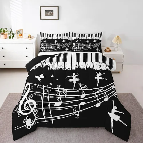 Juego de ropa de cama con música de piano, tamaño matrimonial, juego de edredón de notas musicales en blanco y negro, 3 piezas, silueta de Multi 10
