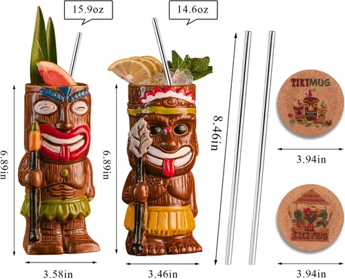 Miniatura 2 de Juego de 2 tazas Tiki con posavasos y pajitas, estilo exótico