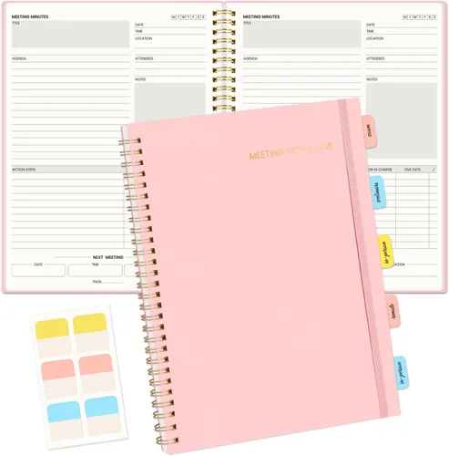 Miniatura 9 de SUNEE Cuaderno de reuniones para el trabajo con pestañas adhesivas, 160 páginas, planificador de proyectos de tamaño A4, agenda de reuniones en Negro