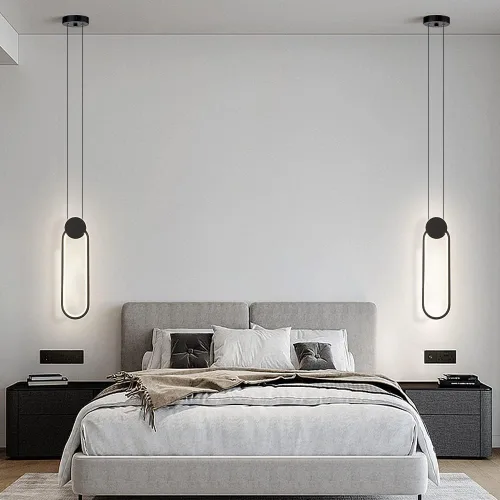 Miniatura 4 de Lámparas colgantes LED negras modernas, paquete de 2 unidades, diseño minimalista, iluminación colgante ovalada para isla de cocina, luz colgante