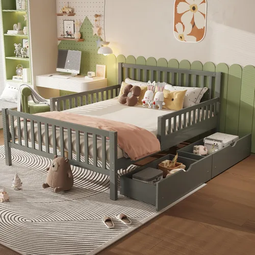 Miniatura 7 de Bellemave Base de cama individual para niños con vallas y 2 cajones, plataforma de madera tamaño individual con barandillas en ambos lados