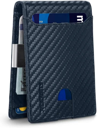 RUNBOX Billeteras de hombre Slim RFID Bloqueo de dinero Clip de cuero con caja de regalo, Azul carbón, Moderno