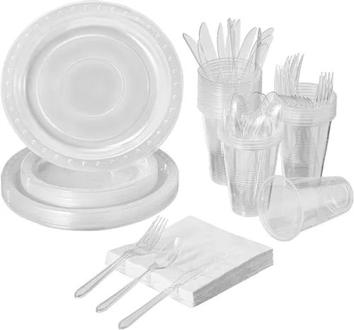 FULING Juego de vajilla desechable de 175 piezas de suministros transparentes para fiestas, platos de plástico y servilletas de papel, tazas,