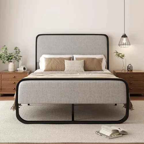 Sismplly Base de cama tapizada de tamaño matrimonial con cabecero y estribo curvos, listones de metal resistente, almacenamiento debajo de la cama