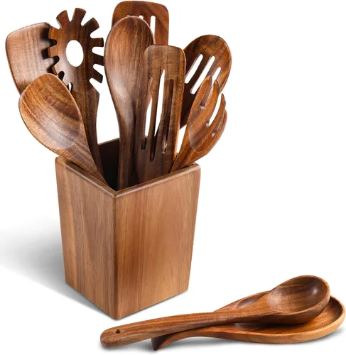 Miniatura 8 de 10 piezas de cucharas de madera para cocinar con reposa cucharas y soporte, juego de utensilios de cocina de madera de 12 pulgadas, utensilios
