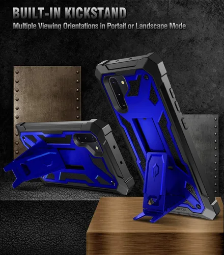 Miniatura 4 de Poetic Spartan Series diseñada para Samsung Galaxy Note 10, resistente de doble capa de color metálico con textura de cuero de primera calidad, Azul