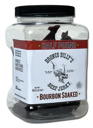 Bronco Billy's Beef Jerky Tarro empapado de Boubon de 8 oz