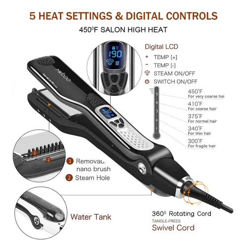 Miniatura 5 de Plancha de pelo con vapor, plancha plana de vapor de cerámica Nano Titanium profesional con peine extraíble+LCD digital+temperatura ajustable de 5