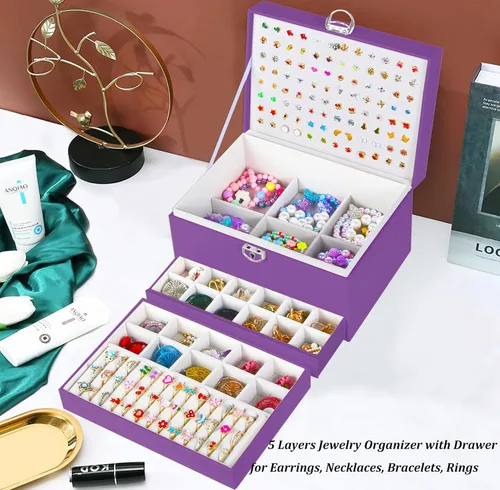 Miniatura 44 de Joyero de pendientes para mujeres y niñas, organizador de aretes de 5 capas, caja organizadora de joyas blanca con candado, collares y aretes