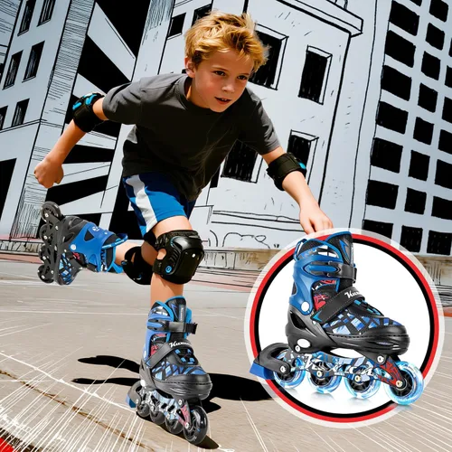 Miniatura 7 de Kuxuan Patines en línea ajustables para niños con ruedas iluminadas, divertidos patines iluminadores para niños, niñas y jóvenes Azul araña