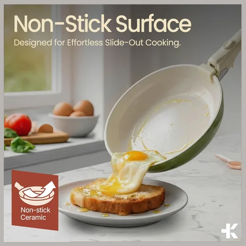 Miniatura 3 de Juego de ollas y sartenes antiadherentes de cerámica-granito – 15 piezas de utensilios de cocina con asas desmontables, apilables, ahorro de Verde