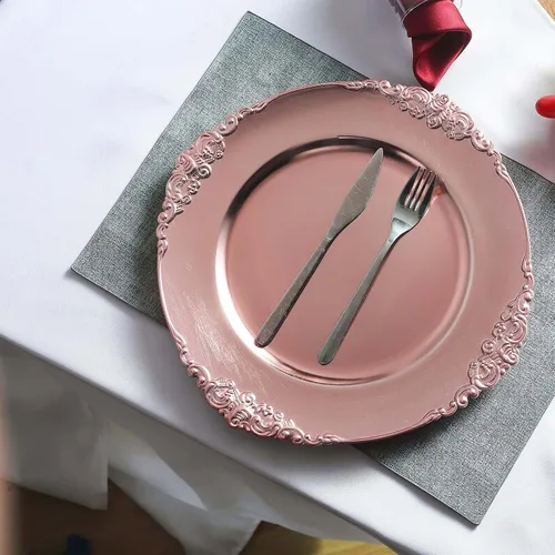 Miniatura 6 de Efavormart - Paquete de 6 platos barrocos redondos de oro rosa de 13 pulgadas, borde en relieve de hojas, perfecto para decoración de catering