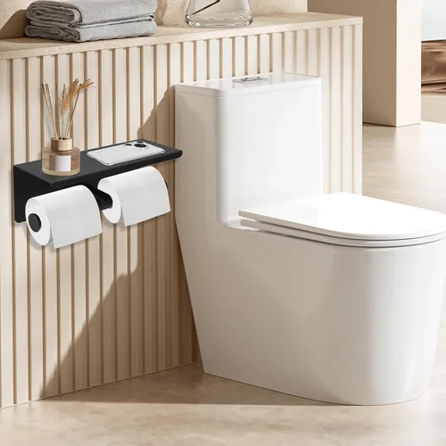 Miniatura 7 de Soporte doble de papel higiénico, soporte de papel de seda de acero inoxidable con estante, dispensador de papel higiénico antioxidante, montado