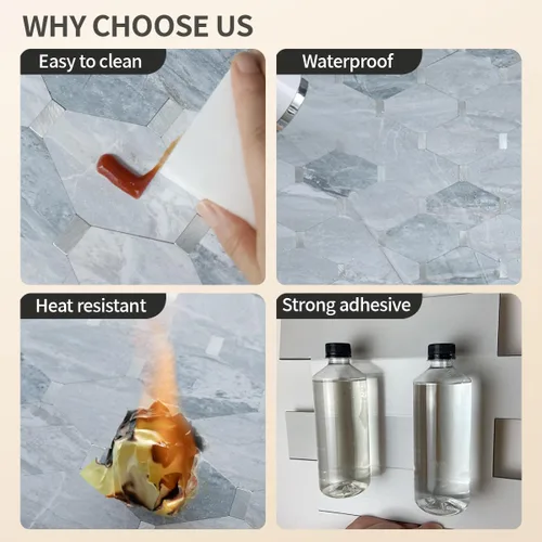Miniatura 5 de DICOFUN 1 lámina de loseta adhesiva en muro de mármol gris largo octogonal, azulejos adhesivos de piedra falsa de PVC con metal plateado para pegar