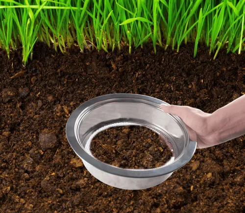 Miniatura 6 de Juego de tamiz de suelo para jardín con 5 tamaños de filtro de malla de tamiz y pala, bandeja de tamiz apilable de acero inoxidable para tierra