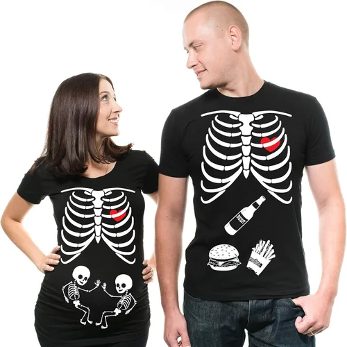 Miniatura 2 de Camiseta de maternidad de gemelos a juego para parejas, disfraz de esqueleto de Halloween, camiseta de papá, camiseta de embarazo para mamá
