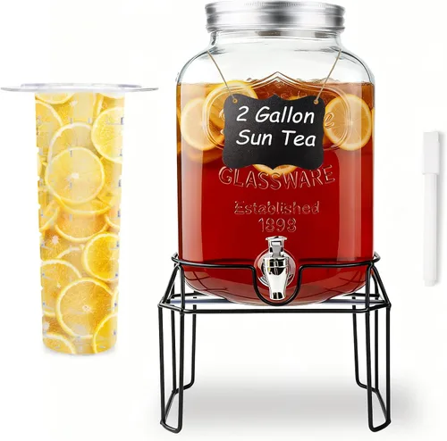 Miniatura 12 de Dispensadores de bebidas de vidrio de 1 galón para fiestas, juego de 2, dispensador de bebidas con infusor y soporte de frutas, dispensador de jugo