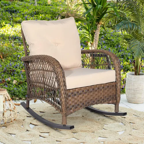 Mecedora de mimbre para exteriores con cojines gruesos, sillas mecedoras de ratán para todo tipo de clima, silla de mimbre para patio trasero y Beige