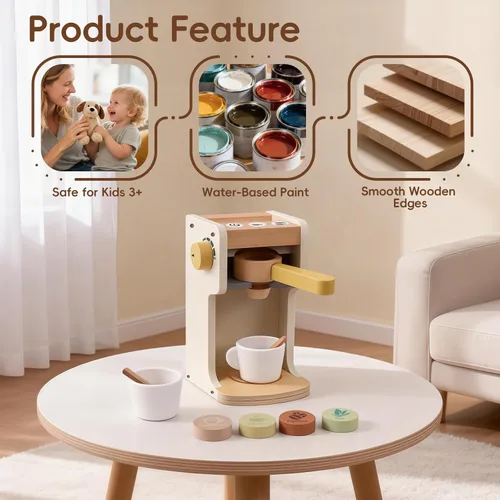 Miniatura 4 de Freniland Juguete clásico de madera para cafetera, juego para preparar y servir para niños pequeños, juguete educativo de cocina para niños a partir