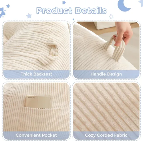 Miniatura 8 de MAXYOYO Puf para niños, puf con asa, cómoda silla para niños y niñas, sofá decorativo con bolsillo para jugar, leer y relajarse, color beige