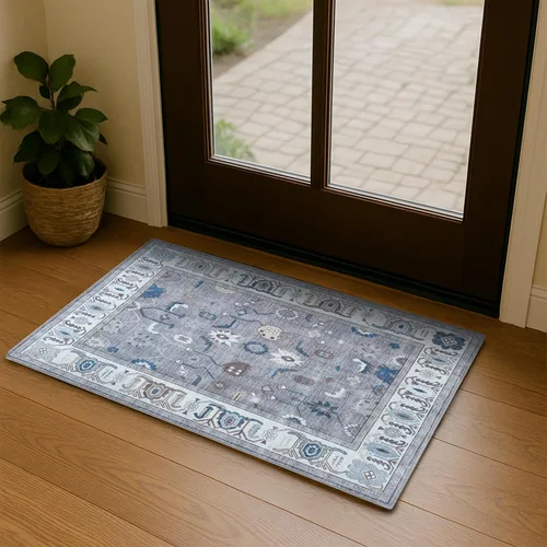 Miniatura 34 de Fame Living Alfombra Oushak Crema Azul, Alfombras Pequeñas Modernas, Vintage, Turca, Ecléctica, Floral, Pastel, Lavable, Tapete para Puerta, Felpudo