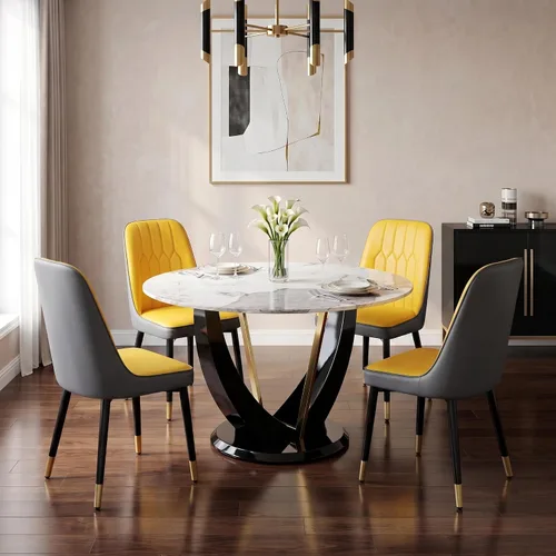 Miniatura 42 de Juego de mesa de comedor redonda de 48'' para 4, juego de mesa y sillas de cocina de mármol, conjunto de 4, mesa redonda con pata de MDF negro