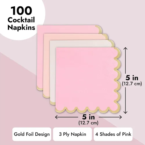 Miniatura 5 de Sparkle and Bash Servilletas de cóctel rosadas de 5 x 5 pulgadas, 100 unidades, 3 capas festoneadas, rosa y dorado, servilletas para bebés