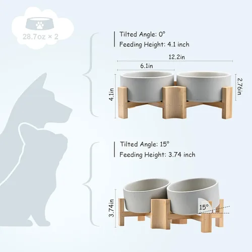 Miniatura 4 de SPUNKYJUNKY Cuenco de cerámica inclinado de 15° para perros y gatos con soporte de madera, cuenco inclinado para comida y agua para bulldog Gris