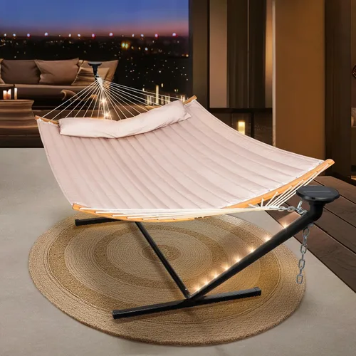 Miniatura 12 de SUNCREAT Hamaca doble para exteriores con soporte de 12 pies, hamacas autoportantes con soporte, beige