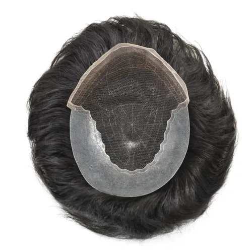 Miniatura 5 de Toupee para hombres Cabello humano real Sistema de reemplazo de cabello de encaje francés Encaje frontal nudo blanqueado Mens Toupee Hair Pieces