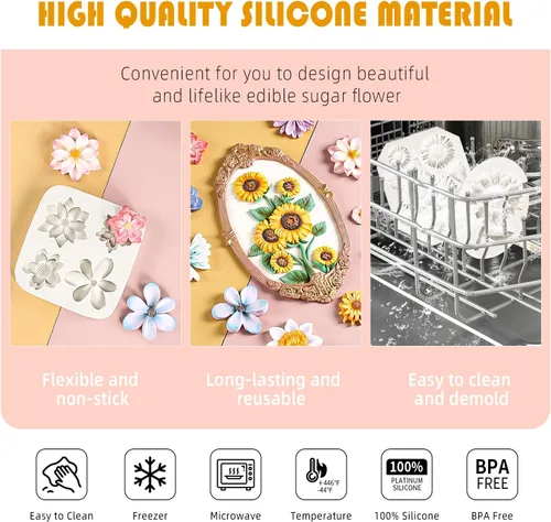 Miniatura 3 de KALAIEN Molde de silicona para fondant de girasol, 4 unidades, para decoración de pasteles, chocolate, caramelo, azúcar, bricolaje, pasta de goma
