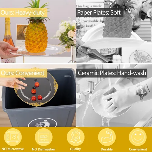 Miniatura 6 de Hioasis 350 platos de plástico transparente y dorado, elegante juego de vajilla desechable adecuado para 50 invitados, incluye platos de cena