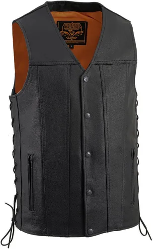 Milwaukee Leather MLM3517 Chaleco de Motociclista para Hombre de Cuero Premium Negro Clásico con Cuello en V y Cordones Laterales