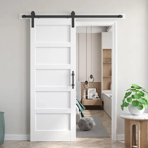 Miniatura 49 de Fredbeck Puerta de granero blanca de 30 x 84 pulgadas con kit de herrajes para puerta corredera de 5.5 pies incluido y asa, sólida, MDF, superficie