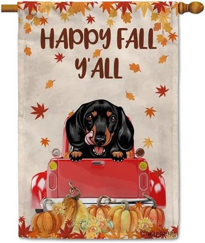 Miniatura 18 de Bandera con texto en inglés «Happy Fall Y'all» con diseño de perro inteligente con calabaza en camión rojo y hojas de arce, pancarta de otoño